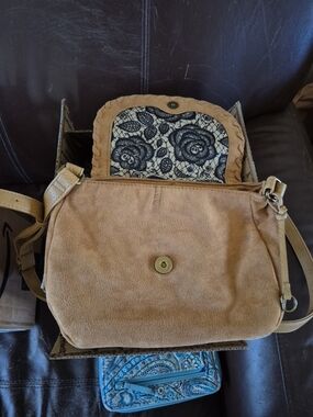 Women's Tan Suede Crossbody Bag with Floral Interior